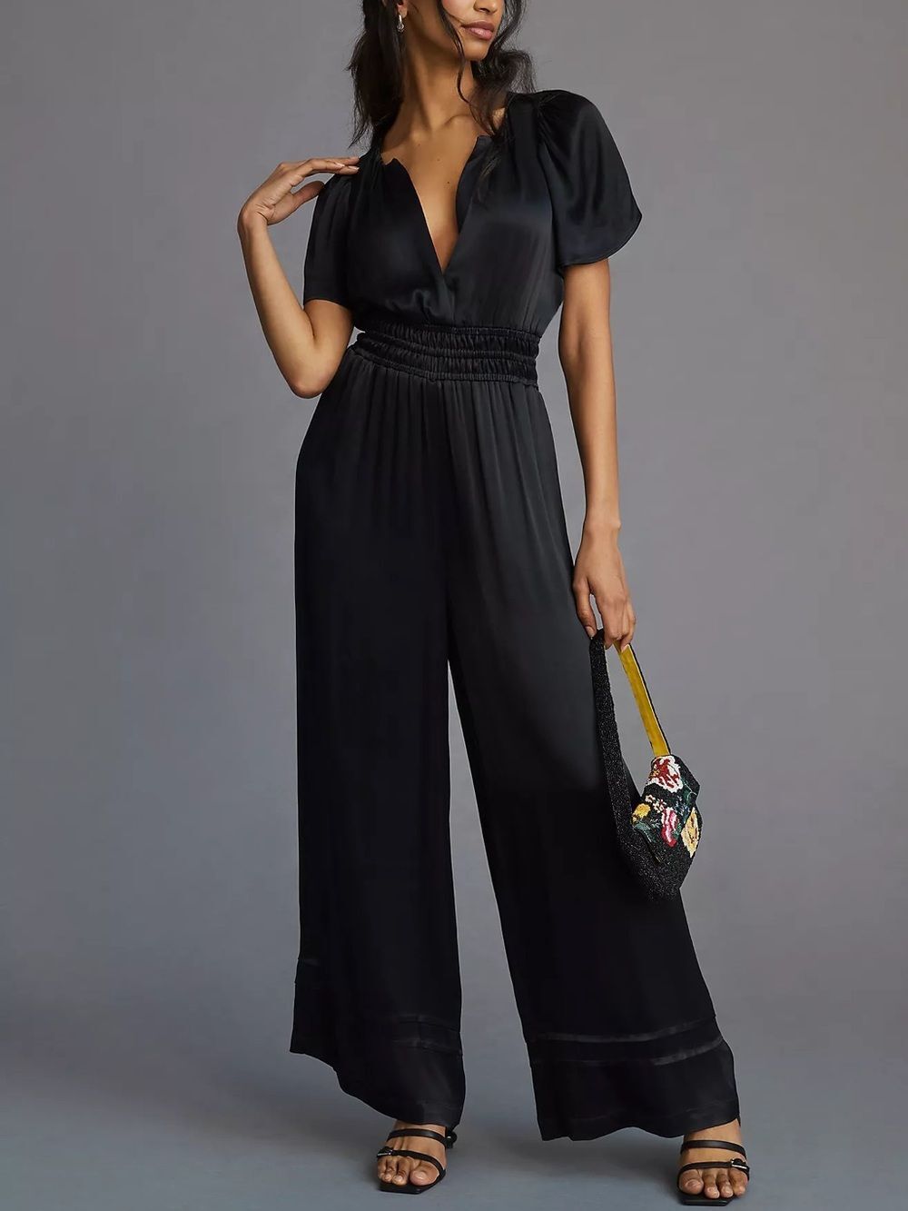 ANTHROPOLOGIE Somerset Satin Black Deep-V Wide Leg Jumpsuit Size Medium